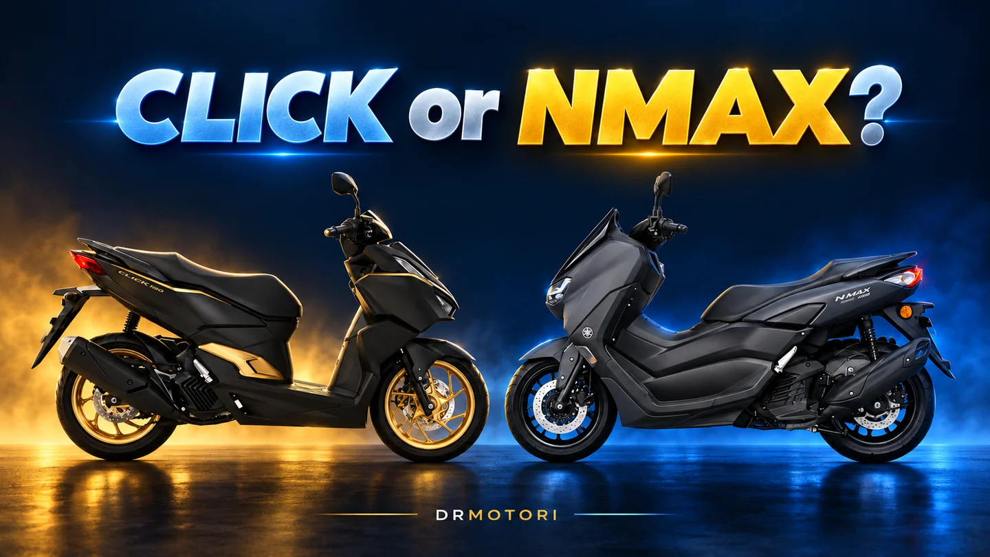 Composite cover of a black and gold Honda Click 160 facing a grey Yamaha NMAX 155; CLICK or NMAX?