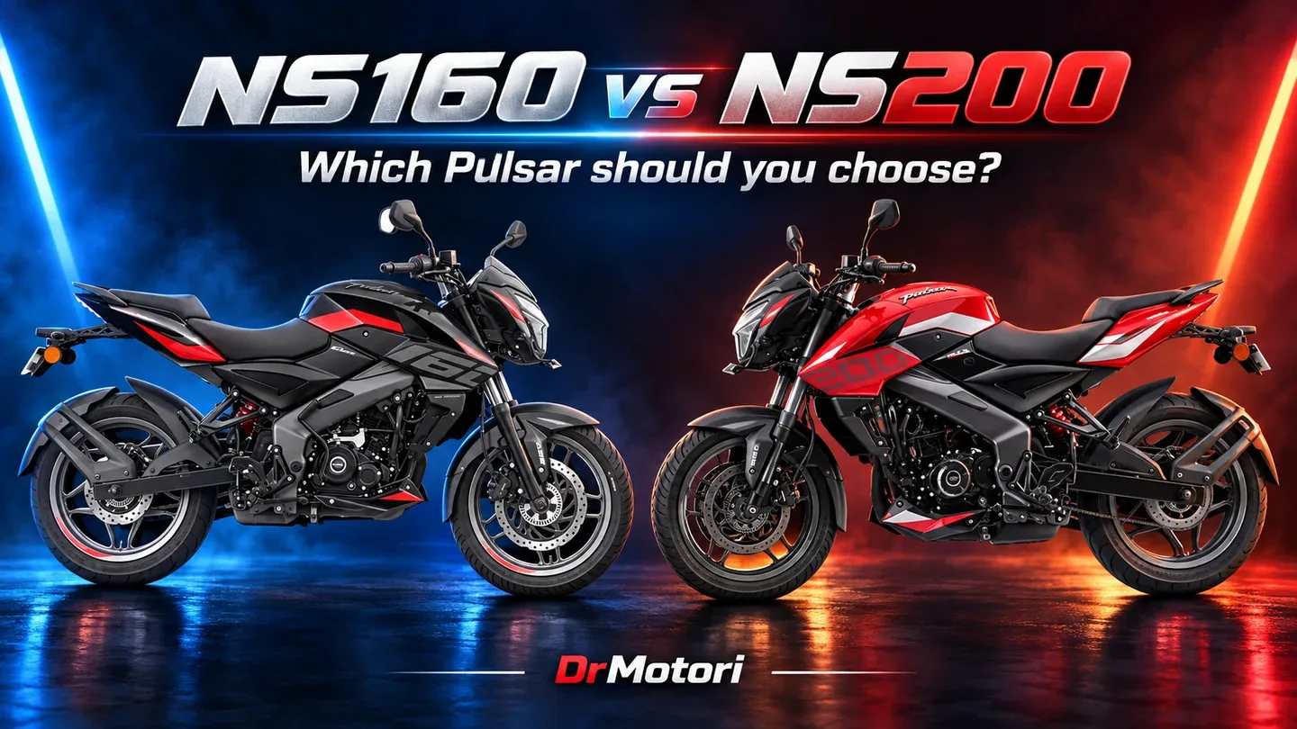 Black Pulsar NS160 facing a red Pulsar NS200 in a DrMotori comparison cover