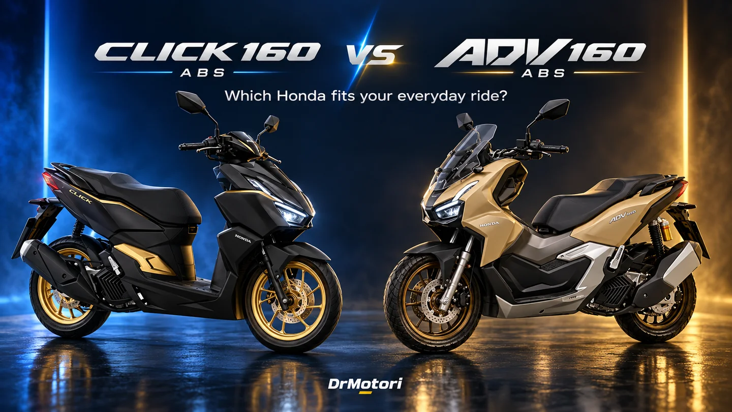 Black and gold Honda Click 160 and gold Honda ADV 160 facing each other beneath an English comparison headline