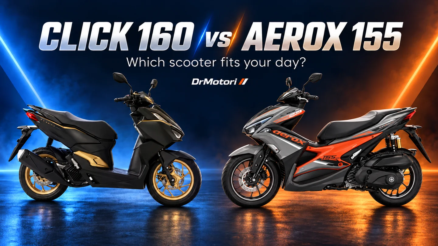 Composite cover of a black and gold Honda Click 160 facing a black and orange Yamaha Aerox 155, with English comparison title